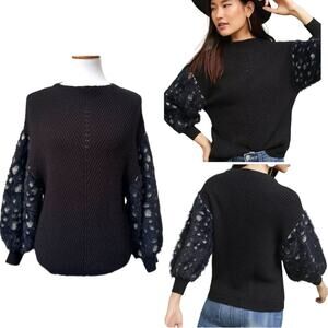 Knitted & Knotted Pullover Sweater Black Dolman Balloon Sleeve Rayon Blend M
